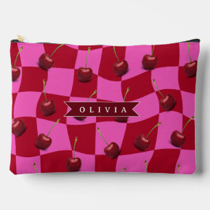Pochette À Accessoires Gingham Cerise Personnalisé Rétro Nom Personnalisé