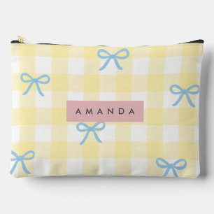 Pochette À Accessoires Gingham Jaune Personnalisé & Nœud Bleu Pastel