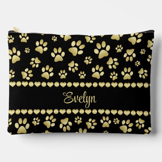 Pochette À Accessoires Golden Paw Prints on Black with Custom Name (Recto)