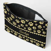 Pochette À Accessoires Golden Paw Prints on Black with Custom Name (Ouvrir)