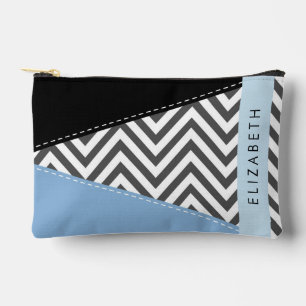 Pochette À Accessoires Grey Zigzag, Grey Chevron, Bleu, Votre Nom