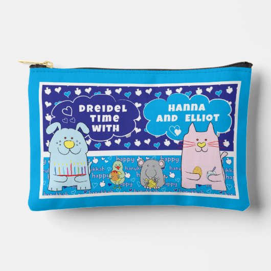 Pochette À Accessoires Hanoukka Chat Chien Souris Oiseau Jouer Dreidel (Recto)