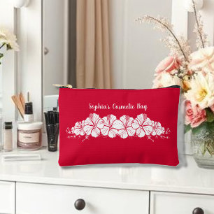 Pochette À Accessoires Hibiscus hawaïen Fleurs tropicales Cerise Rouge