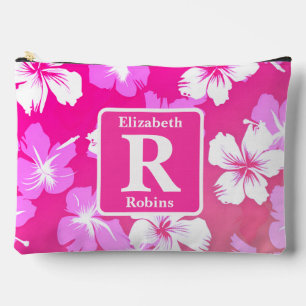 Pochette À Accessoires Hibiscus rose tropical personnalisé Monogramme