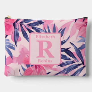 Pochette À Accessoires Hibiscus rose tropical personnalisé Monogramme