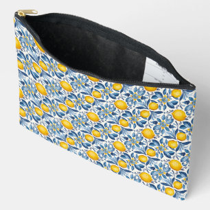 Pochette À Accessoires Imprimé botanique de citron bleu et jaune d'été