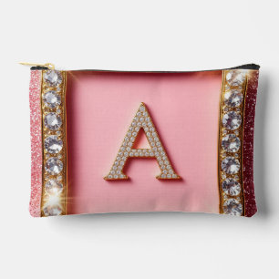 Pochette À Accessoires Initiale A Diamant Cadre Doré Paillettes Roses Mon