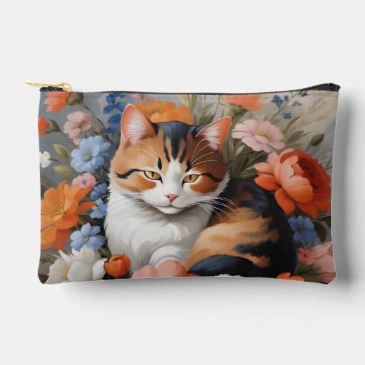 Pochette À Accessoires Joli chat calico et fleurs (Recto)