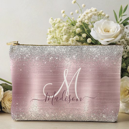 Pochette À Accessoires Joli rose blush argent faux parties scintillant mo