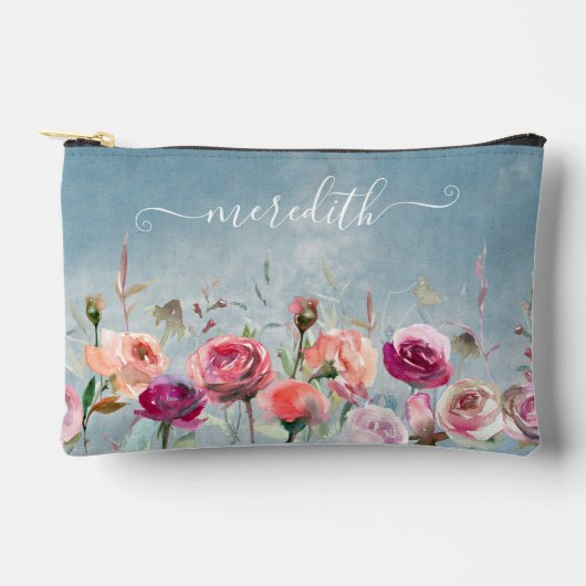 Pochette À Accessoires Jolie Aquarelle Rose Fleurs Nom Du Jardin (Recto)