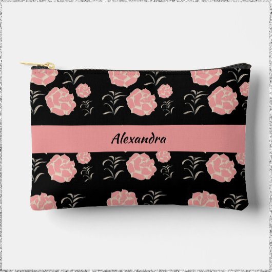 Pochette À Accessoires Jolie Roses roses roses avec feuillage sur noir