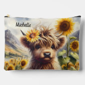Pochette À Accessoires Jolie Vache Highland Et Fleurs De Soleil Avec Nom (Recto)