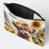 Pochette À Accessoires Jolie Vache Highland Et Fleurs De Soleil Avec Nom (Ouvrir)