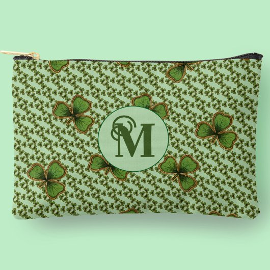 Pochette À Accessoires Jolis trèfles irlandais verts et dorés Monogramme