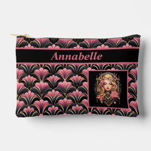 Pochette À Accessoires Lady déco noir et rose avec fleurs