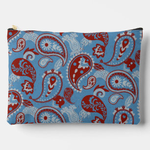Pochette À Accessoires Linocut traditionnel Paisley Rouge Bleu Blanc
