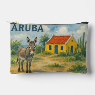 Pochette À Accessoires Maison cunucu jaune d'Aruba avec âne aquarelle