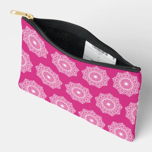 Pochette À Accessoires Mandala blanc sur fond rose (Ouvrir)