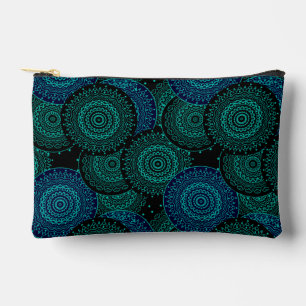 Pochette À Accessoires Mandala rond bleu turquoise sur fond noir