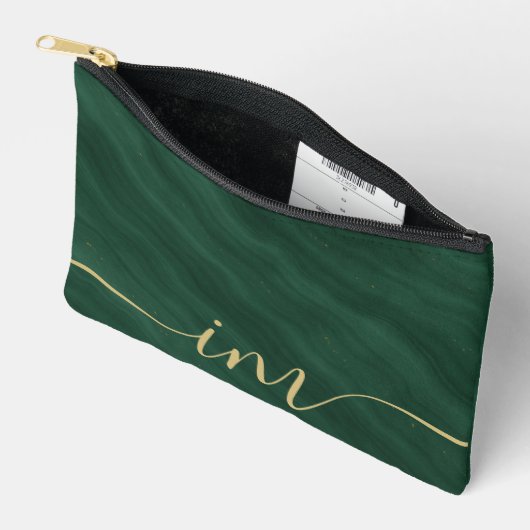Pochette À Accessoires Marbre Abstrait vert avec initiales personnalisées (Ouvrir)