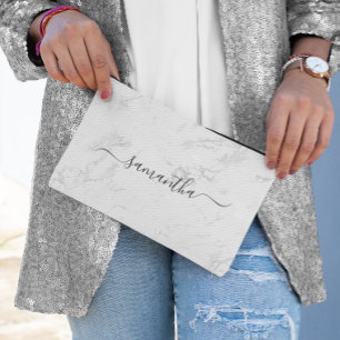 Pochette À Accessoires Marbre Blanc Argent Luxe Signature Nom