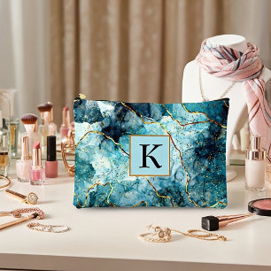 Pochette À Accessoires Marbre pailleté bleu et or monogramme