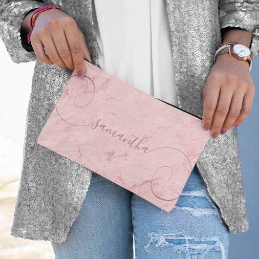 Pochette À Accessoires Marbre Rose Pâle Nom Signé Bouclé