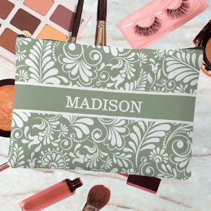 Pochette À Accessoires Mariage Élégant Orné de Vrilles Vert Floral