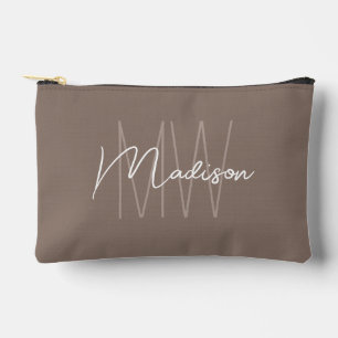 Pochette À Accessoires Marque Moderne Monogramme Nom Taupe