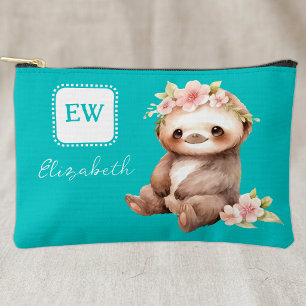 Pochette À Accessoires Mignon paresseux ajoute les initiales nom turquois