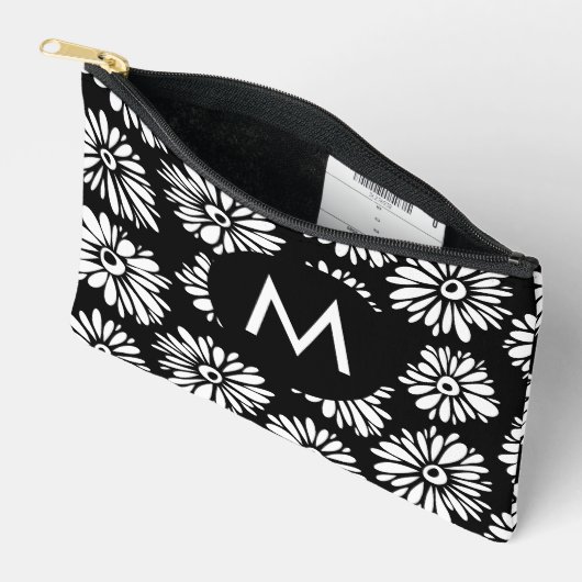 Pochette À Accessoires Minimalist Groovy Black and White Daisy Monogram (Ouvrir)