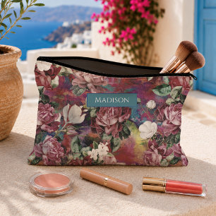 Pochette À Accessoires Monogramme à motif floral rose élégant
