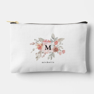 Pochette À Accessoires Monogramme aquarelle floral rose pâle élégant 