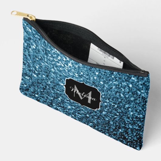 Pochette À Accessoires Monogramme bleu clair faux parties scintillant (Ouvrir)