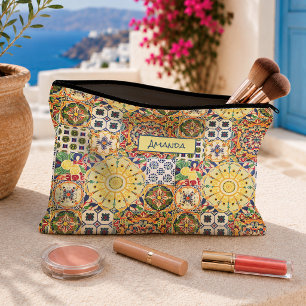 Pochette À Accessoires Monogramme de carreaux orange méditerranéens géomé