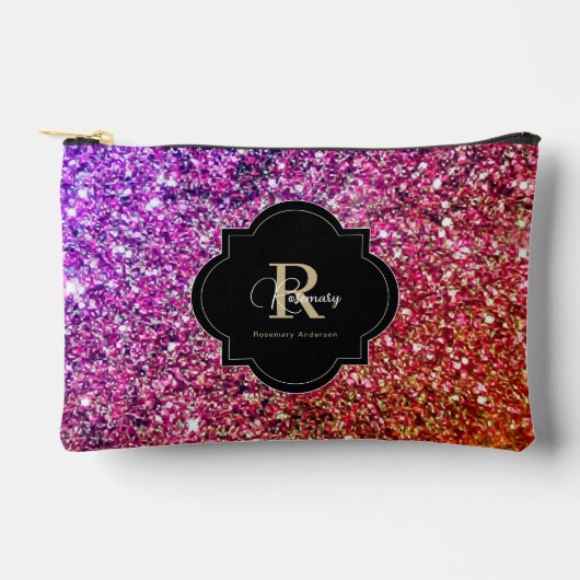 Pochette À Accessoires Monogramme de nom scintillant doré rose violet (Recto)
