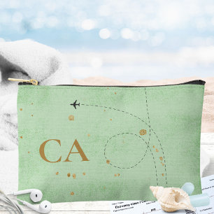 Pochette À Accessoires Monogramme d'or minimal Sage Green Avion Voyage
