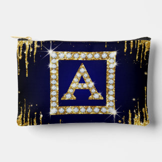 Pochette À Accessoires Monogramme doré initial A avec paillettes bleues