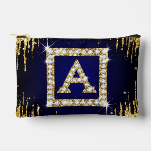 Pochette À Accessoires Monogramme doré initial A avec paillettes bleues (Recto)