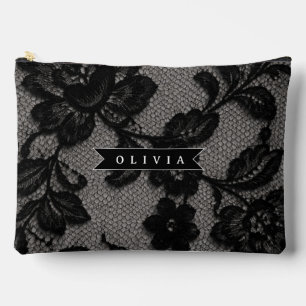 Pochette À Accessoires Monogramme élégant en dentelle noire personnalisé