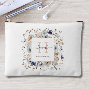 Pochette À Accessoires Monogramme Élégant Jolies Fleurs Beige Bleu Floral