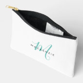 Pochette À Accessoires Monogramme élégant moderne blanc sarcelle écriture (Ouvrir)