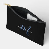 Pochette À Accessoires Monogramme élégant moderne noir bleu script (Ouvrir)