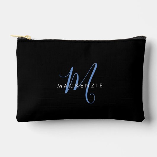 Pochette À Accessoires Monogramme élégant moderne noir bleu script (Recto)