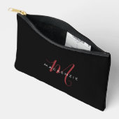 Pochette À Accessoires Monogramme Élégant Moderne Noir Rouge Script (Ouvrir)