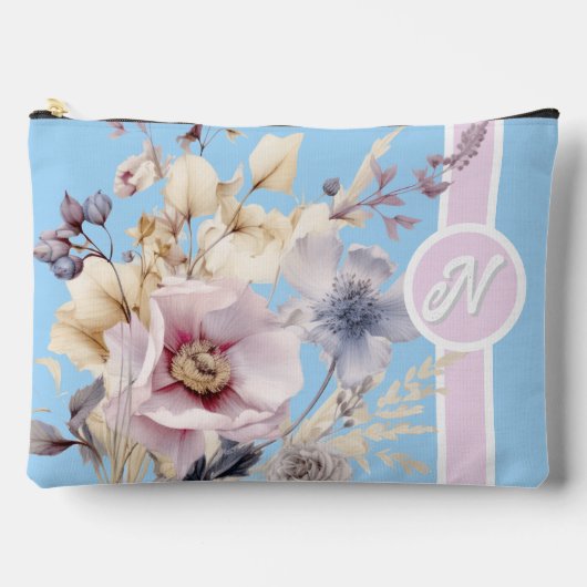 Pochette À Accessoires Monogramme floral bleu pastel et rose (Recto)