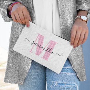 Pochette À Accessoires Monogramme girly rose clair et pois blanc