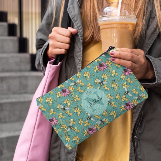 Pochette À Accessoires Monogramme moderne de l'abeille et des fleurs Turq