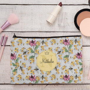 Pochette À Accessoires Monogramme moderne Gris & Jaune Reine Abee & Fleur