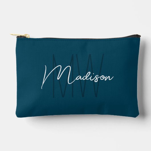 Pochette À Accessoires Monogramme Moderne Nom Script Bleu (Recto)